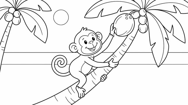 Cute cartoon monkey climbing a palm tree to pick a coconut on a sunny tropical beach, line art coloring page for kids.