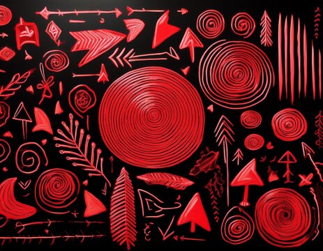 red doodle shapes and arrows on black background
