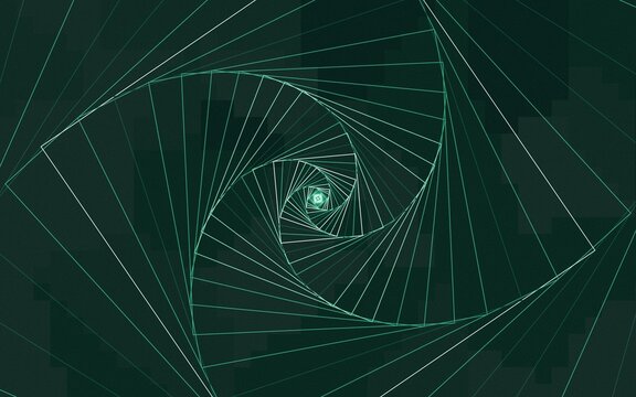 Green geometric spiral tunnel illusion, abstract hypnotic optical art background.