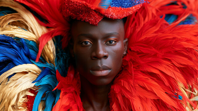 Close-Up Portrait of a Calabar Carnival Performer in a Dramatic Red and Blue Feathered Costume at Nigeria's Cultural Festival