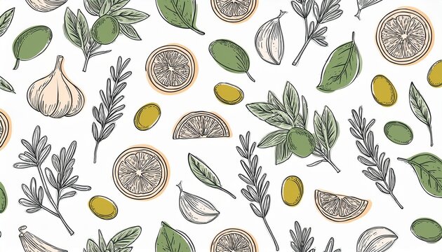 seamless hand drawn pattern for french bistro design with olives herbs garlic lemons capers and tomatoes minimalist outline repeating background