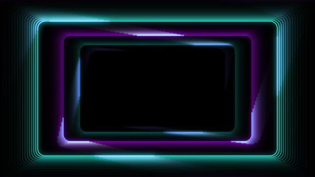 Neon rectangles tunnel motion with glowing edges in dark background