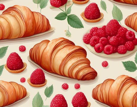 eamless pattern with raspberry croissants fresh red berries and miniature pies a repeating dessert texture with juicy berries green leaves in a soft pastel palette perfect for fabric wallpaper