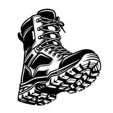 Black and white illustration of a sturdy, high-top combat boot with laces and a rugged sole.