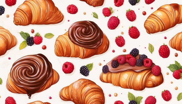 seamless bakery pattern appetizing fresh croissants texture bun chocolate topping berries raspberries puff pastry french pastries on a white background