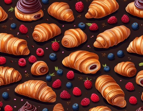seamless bakery pattern appetizing fresh croissants texture bun chocolate topping berries raspberries puff pastry french pastries on a dark background
