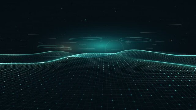 Futuristic digital wave grid landscape with glowing particles motion