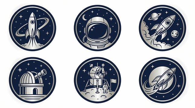 Set of round emblem designs featuring space exploration themes with astronaut rocket ship lunar lander and planetary observatory for creative branding projects and cosmic themed adventure