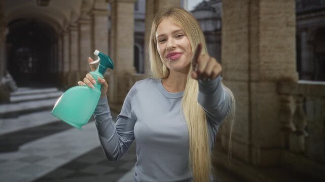 Woman pointing finger at camera while holding a turquoise spray bottle in a stone building corridor with arched columns and tiled floor; domestic cleaning playful.