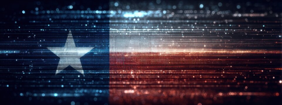 Texas flag design with digital effects and bright colors showing blue, white, and red from a distance