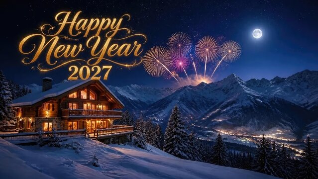 Happy new year 2027 winter cabin mountain landscape fireworks celebration holiday background card poster