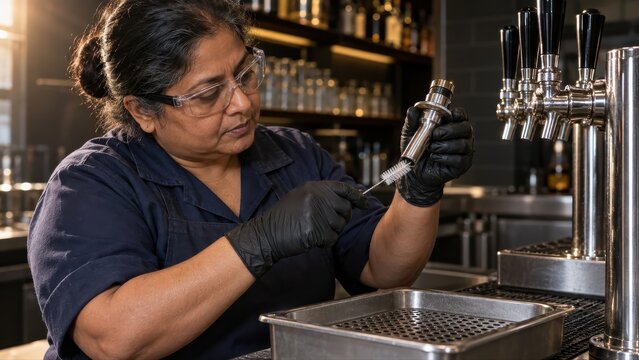 A technician brushes the outlet of a detached draught faucet above a tray during scheduled beer line cleaning at a restaurant bar