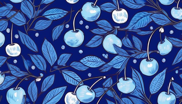 blue stencil cherry print summer fruit seamless pattern bold graphic fun fruit motif