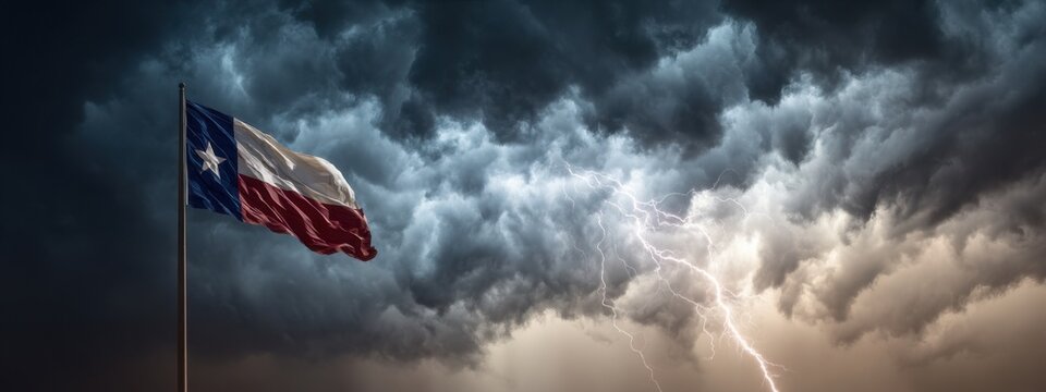 Dark clouds gather as a Texas flag waves during a thunderstorm in the evening sky