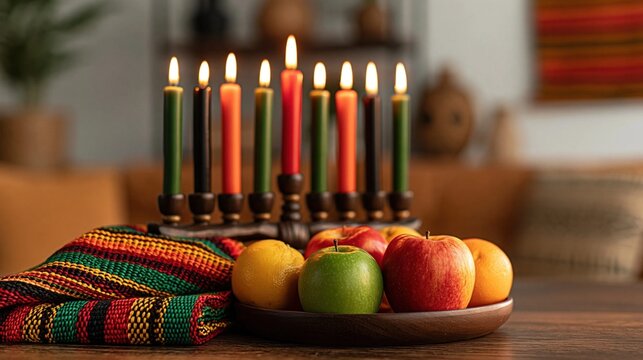Festive hanukkah display with glowing candles and fresh fruit