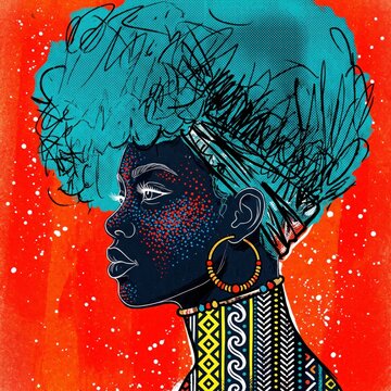 Vibrant pop art portrait of a Black woman with blue afro hair, stylized African queen illustration, colorful ethnic fashion art on red background