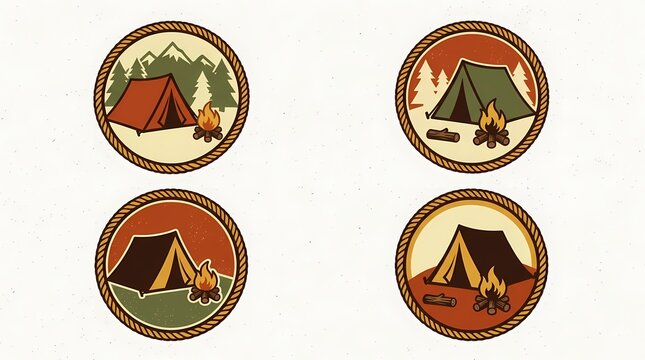 Set of four circular patches depicting outdoor recreational scenes with tents and campfires arranged in wilderness landscapes for hiking enthusiasts seeking adventure in nature during autumn
