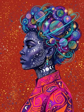 Celestial Black woman portrait with galaxy hair, mystical cosmic goddess with moon tattoos, surreal universe art on vibrant red background