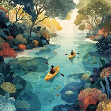 Kayaking on a river surrounded by trees and colorful plants during the morning light