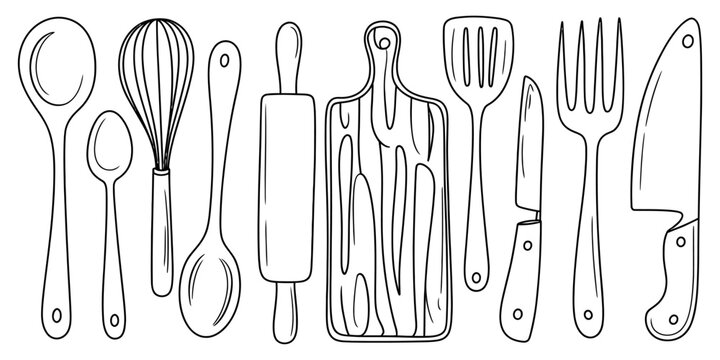Kitchen utensil set with various cooking tools like wooden spoons whisk rolling pin cutting board knife spatula and fork.