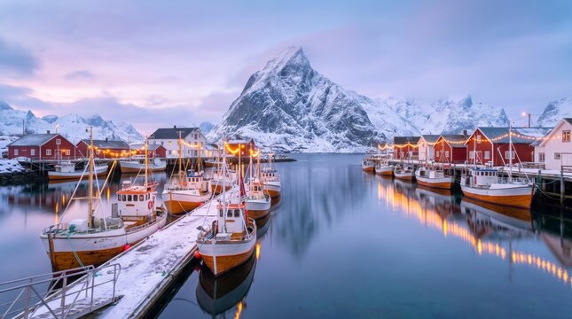 Scandinavian fishing village at twilight, traditional red wooden cabins in winter, snowy mountain peak reflecting in calm harbor water with fishing boats