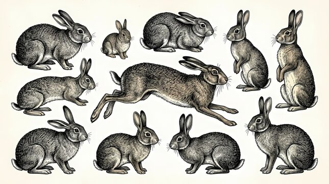 Vintage Hand Drawn Collection Featuring Various Wild Rabbits And Hares In Diverse Poses Captured With Engraving Style Techniques For Artistic Projects Focused On Woodland Creatures And Natural