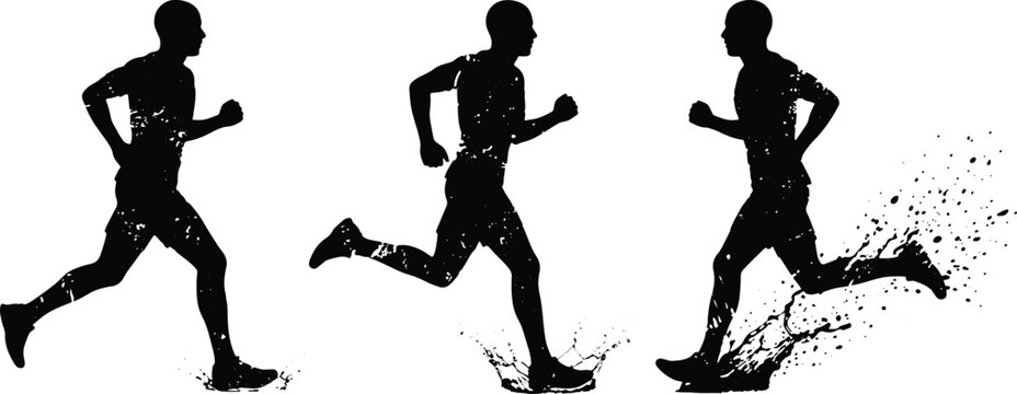 Running athlete silhouette sequence in three poses with black grunge splash and splatter effects