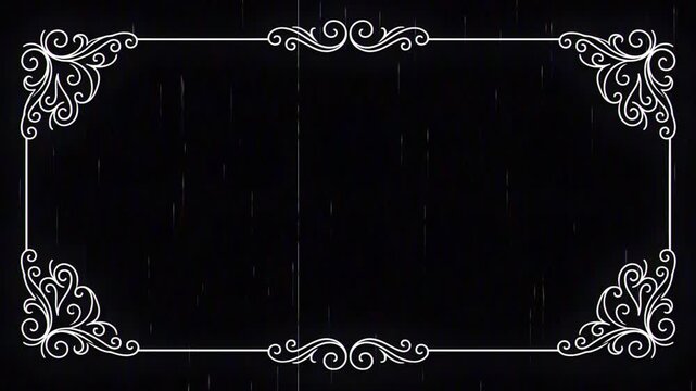 Vintage silent movie ornate title card frame border. Retro cinematic dust scratches grunge texture overlay. Nostalgic analog projector noise glitch RGB chromatic effect