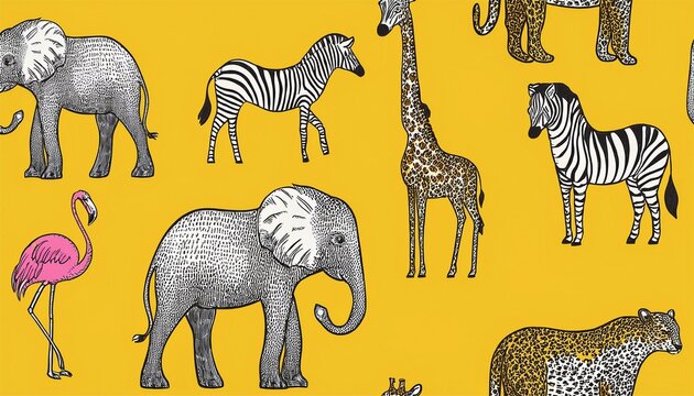 beautiful seamless pattern with elephants giraffes zebras leopards flamingos isolated on yellow background