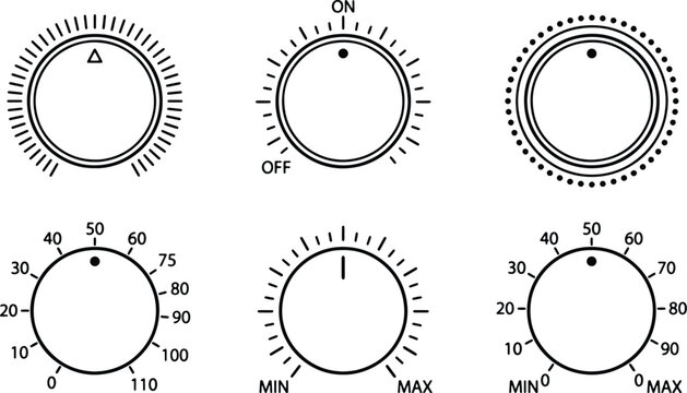 Six minimalist dial and knob control icons featuring on/off switches, temperature scales, and