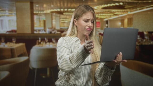 Woman holding laptop swipes screen with right hand in building while frowning and gesturing with left palm; tech trouble frustration.