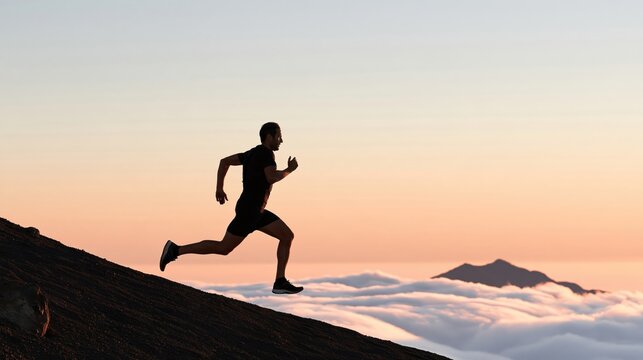 Silhouette of runner on mountain ridge at sunrise, above cloud layer with warm orange sky and distant peaks