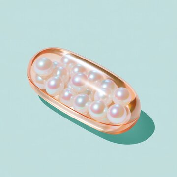 Translucent capsule shaped like a pill filled with rounded pearls, soft pastel lighting, minimalist composition on mint background