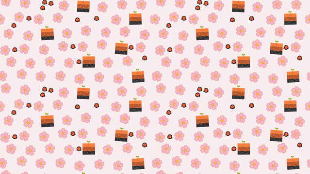 Seamless pattern of pink flowers, ladybugs, and plants