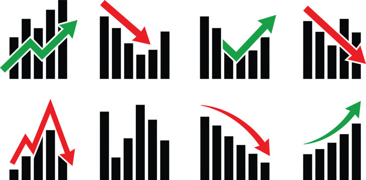 Set of bar chart icons with red and green arrows indicating upward and downward trends