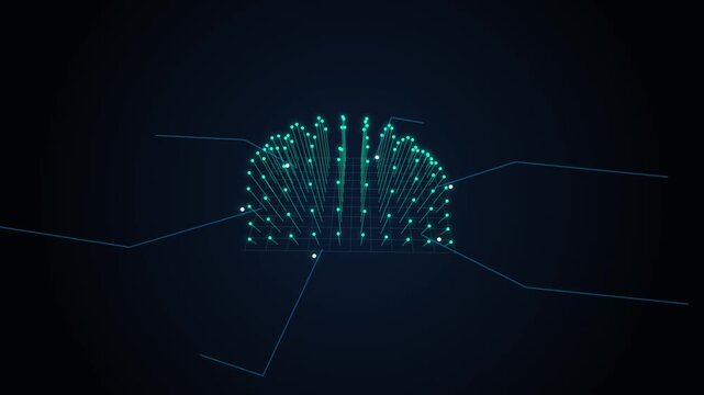 Futuristic digital constellation formation with green and white glowing points connected by lines against dark background