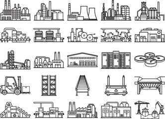Fototapeta premium A collection of industrial building icons, including factories, power plants, warehouses, and modern facilities, presented in a clean, vector art style on a white background.