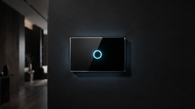 Floating smart touch light switch with a luminous electric cyan touch zone and ice blue halo, creating a sleek futuristic control interface on a black wall.