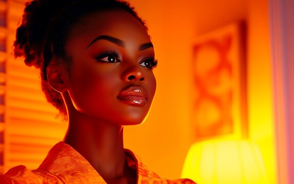 A captivating portrait of a beautiful dark-skinned woman, illuminated by warm, amber light, gazes thoughtfully into the distance