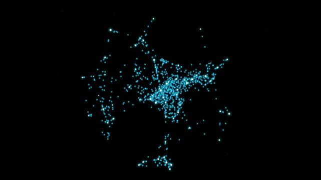 Abstract blue network constellation expanding with glowing nodes against dark background
