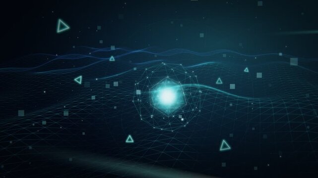 Futuristic Triangle Grid Landscape with Glowing Data Node Loop