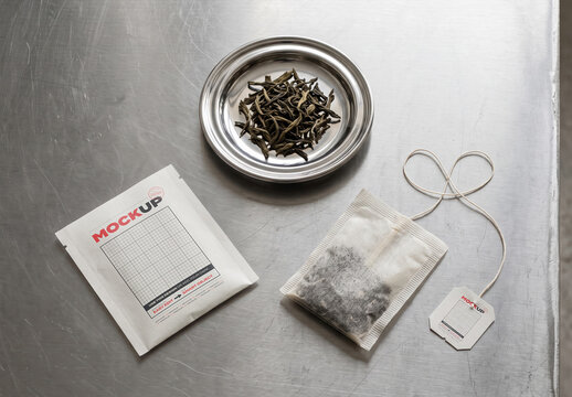 Tea Branding Composition Packaging and Label with Herbs Mockup
