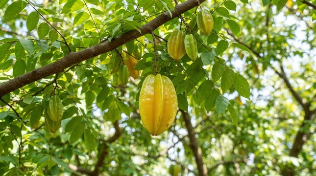 Ripe yellow star fruit carambola hanging on a tree branch among green leaves in sunlight