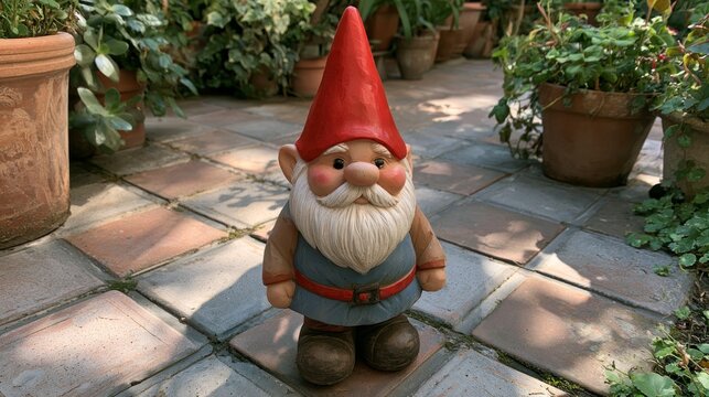 Classic garden gnome with a red hat standing on a tiled patio surrounded by green potted plants
