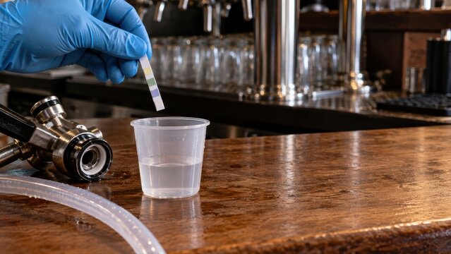 Gloved fingertips hold a damp color test strip above a collected beer line rinse sample beside a detached keg coupling on a pub worktop