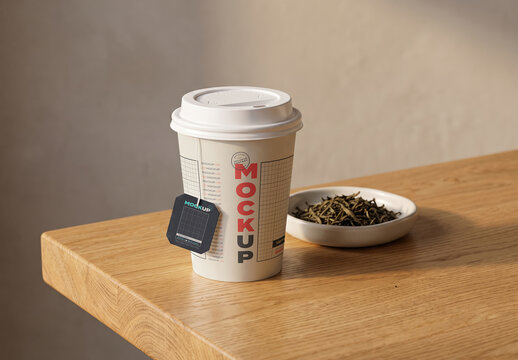 Tea with Herbs Takeaway cup and Label Mockup