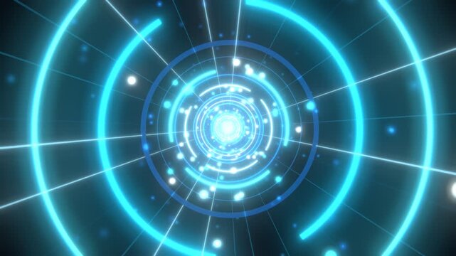 Futuristic Blue Neon Circular Tunnel With Glowing Particles