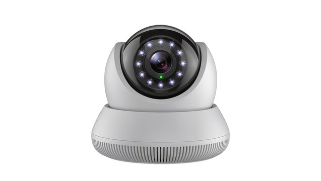 White rotating security camera with infrared LEDs, isolated on transparent background