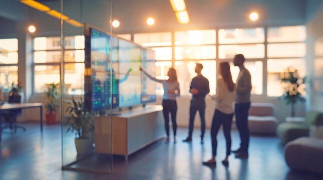 Blurred silhouette teamwork analyzing data dashboard on monitor, planning business strategy in modern office