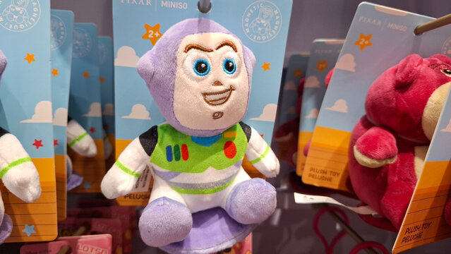 Miniso Disney Pixar Toy Story Buzz Lightyear Plush Toy Magnetic Doll Displayed On Retail Store Shelf on September 16, 2026 in Bangkok, Thailand 
